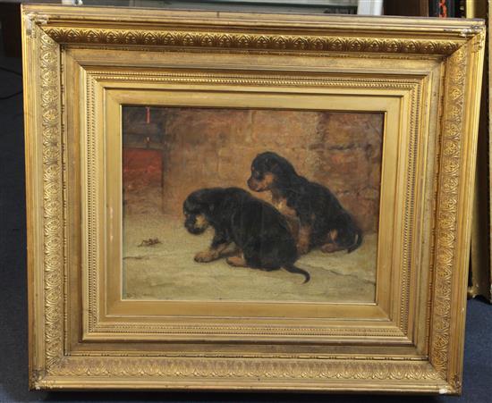 Briton Riviere (1840-1920) Who Are You? - two puppies and a grasshopper 14 x 19in.